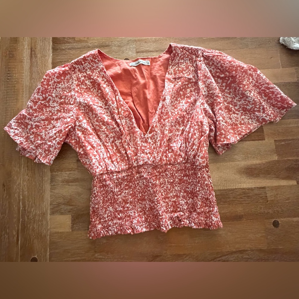 Abercrombie & Fitch Coral Pink Smocked V-Neck Flutter Sleeve Blouse
